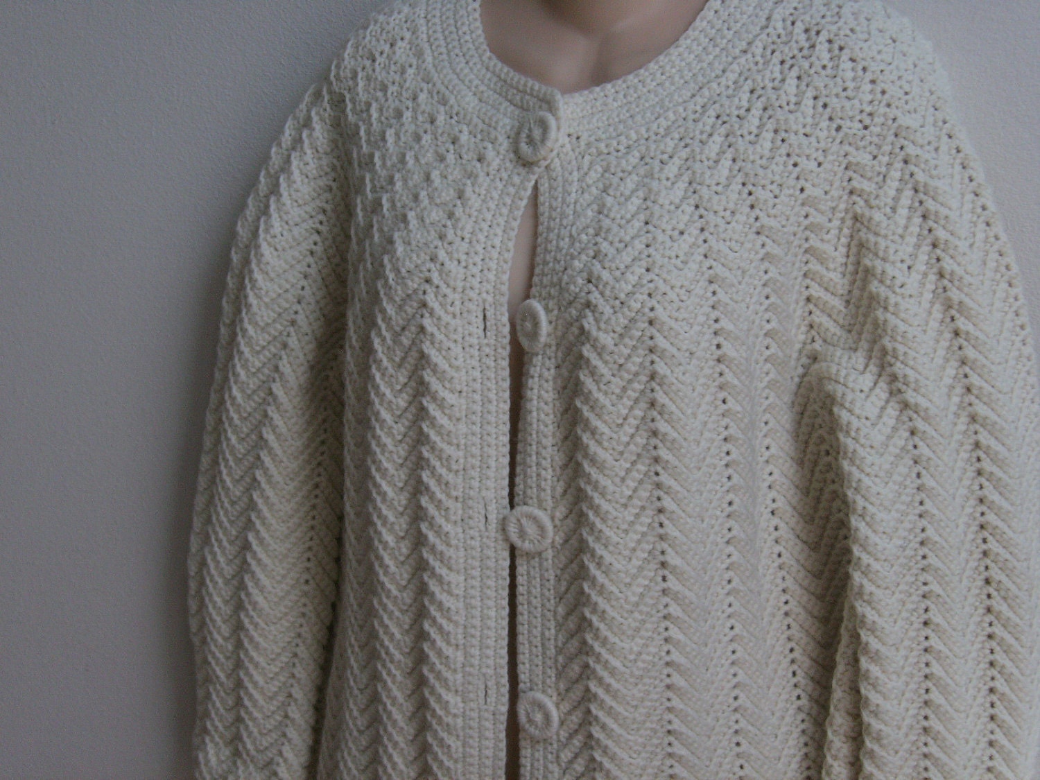 Vintage Sweater handmade Crochet ivory Cardigan Boho Granny