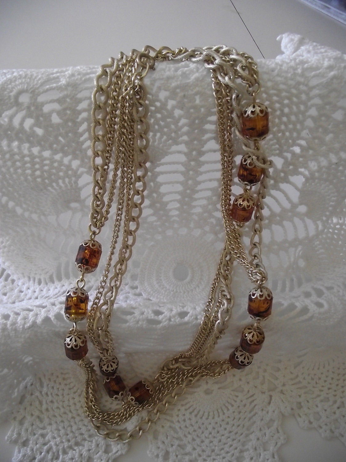 Vintage Necklace Sara Coventry Amber beads multi gold chain 50" long