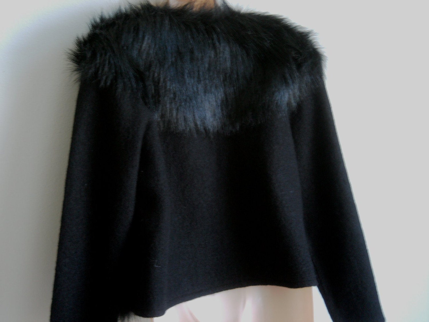 Reserved for Margo-Vintage Fur jacket sweater black faux fur collar & wool  L