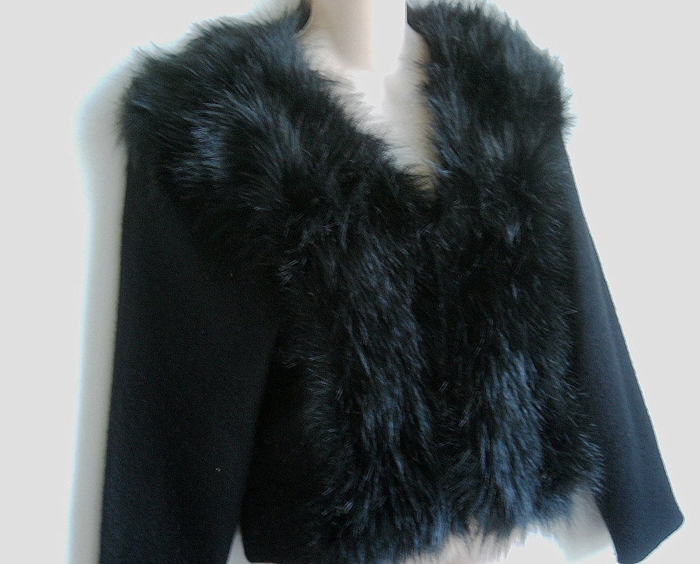 Reserved for Margo-Vintage Fur jacket sweater black faux fur collar & wool  L