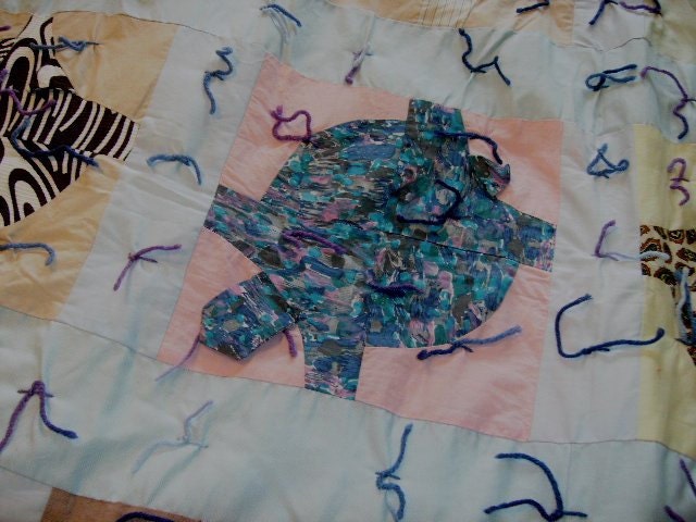 Vintage Handmade Quilt Turtles hand knotted & pieced cotton 78X90