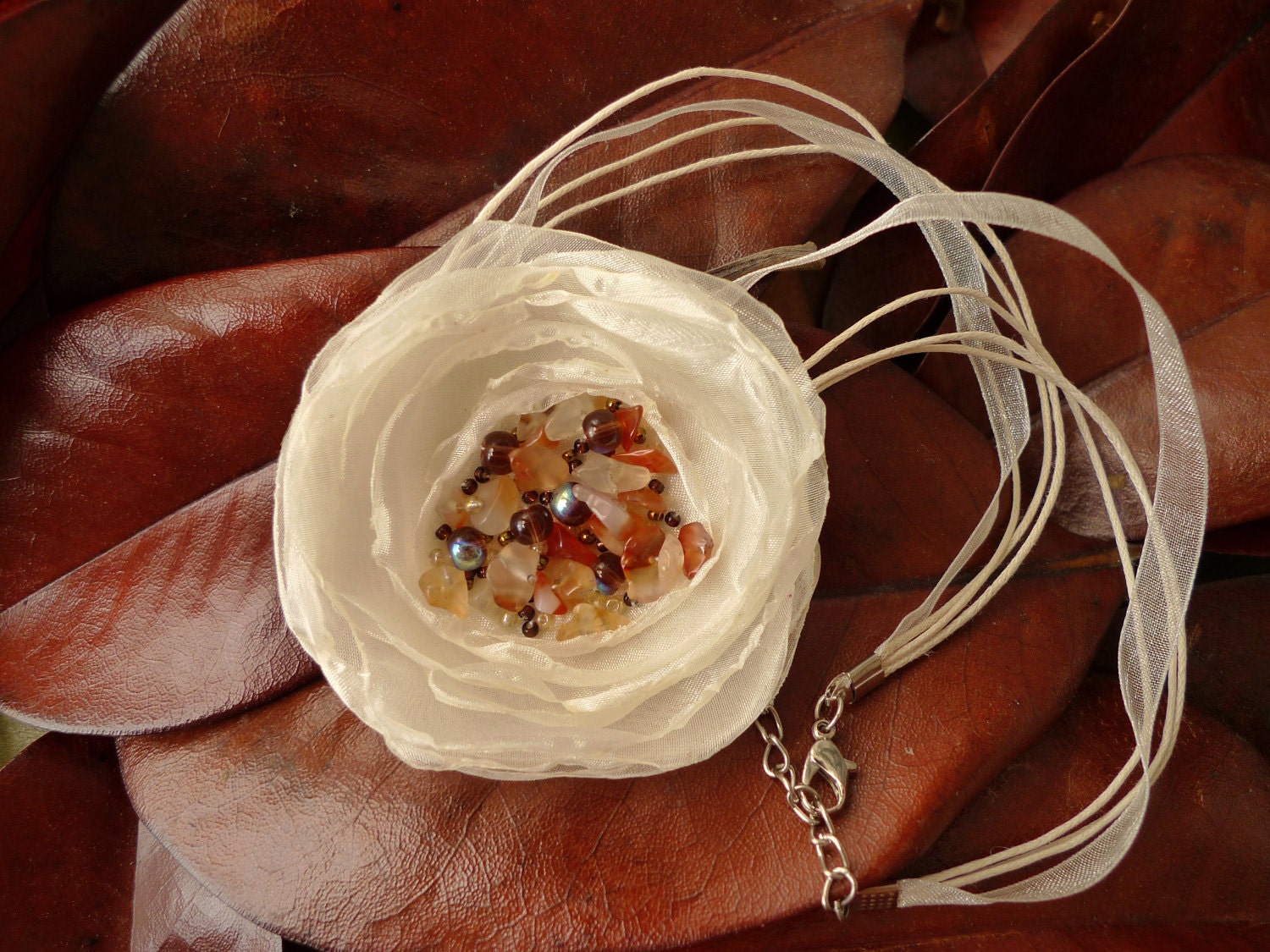 Brown white Flower Necklace, Caramel Taste, Organza gemstones Flower