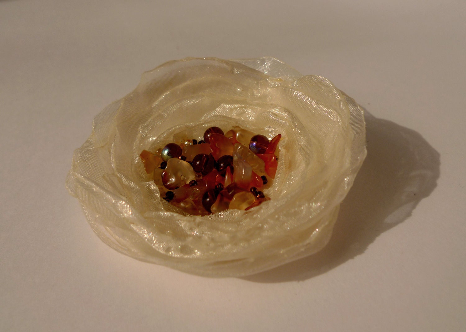 Brown white Flower Necklace, Caramel Taste, Organza gemstones Flower