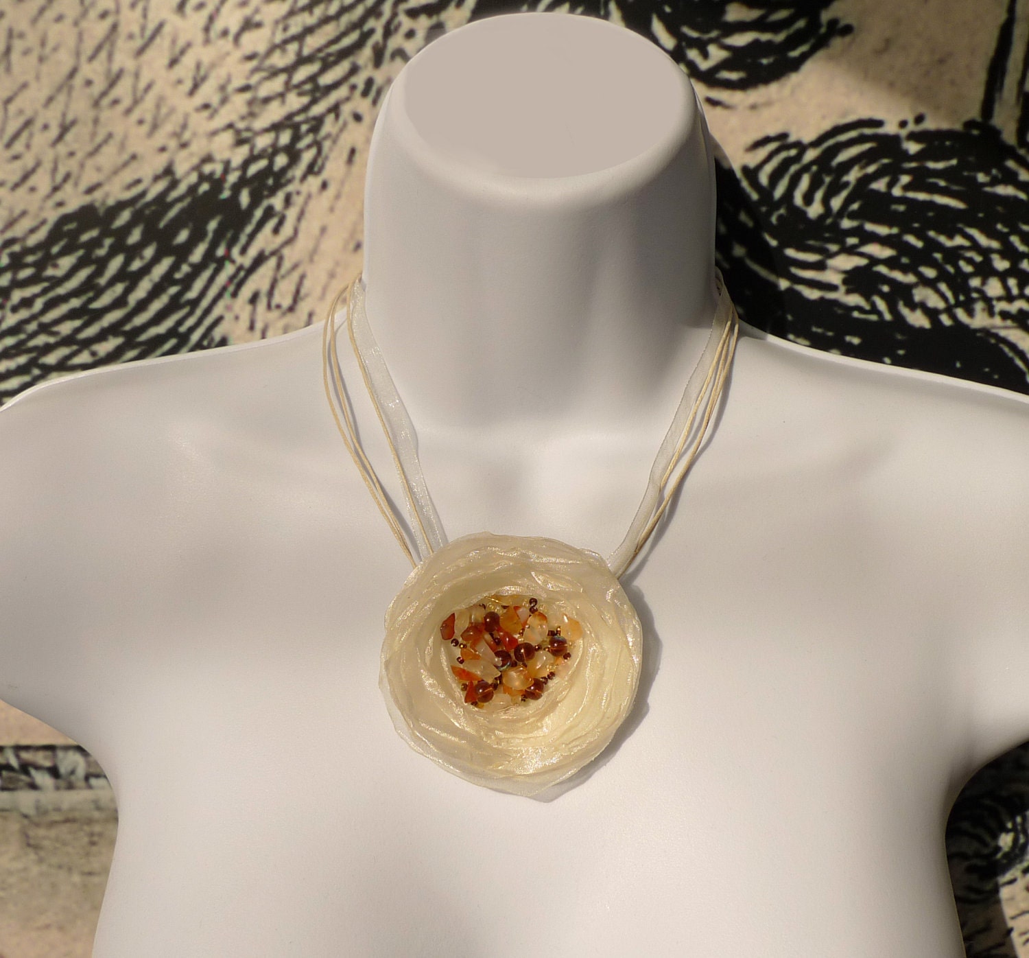 Brown white Flower Necklace, Caramel Taste, Organza gemstones Flower