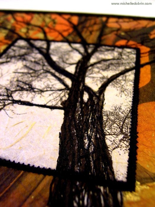 Fiber art quilt, tree photo appliqued to Thai marbled paper, free-motion stitched, 8"x8"