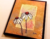 Quilted fiber art, daisy thread sketch on book page and Thai marbled paper, 8"x10"