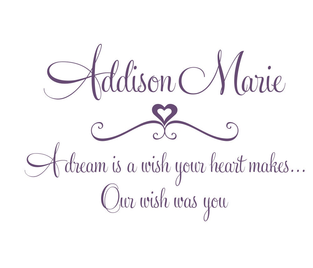 Girl Wall Decal Quote A Dream is A Wish Your Heart Makes Vinyl Wall Decal Saying Poem Girl Baby Nursery Wall Art  22H x 36W FS179