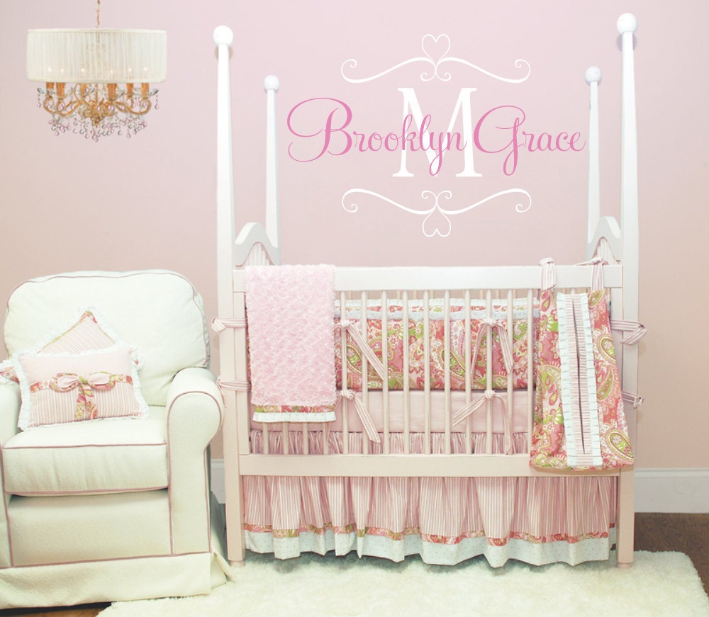 Name Wall Decal Baby Nursery Shabby Chic Heart Frame Personalized Vinyl Name and Initial Decal for Girl Baby Nursery 22Hx36W FS078