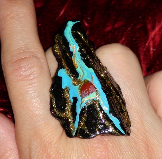 Oversized STONE RING Big Cocktail Ring Fashion For Women Handmade OOAK Hand Painted Stone Unique Black Ring adjustable Bold Turquoise Ring
