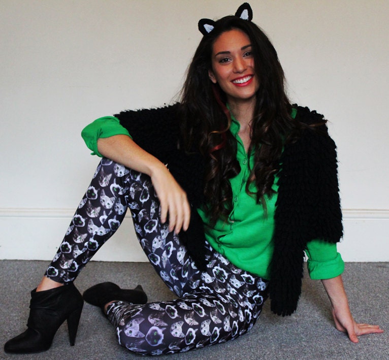 Women's Printed leggings, Green eyed cat print tights, Handmade