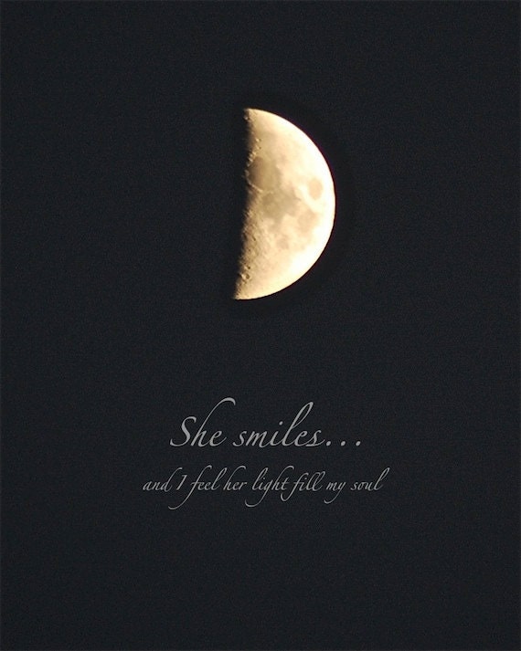 She Smiles, Moon photograph quotation, photo quote, 8 x 10 inches night sky, print with quotation