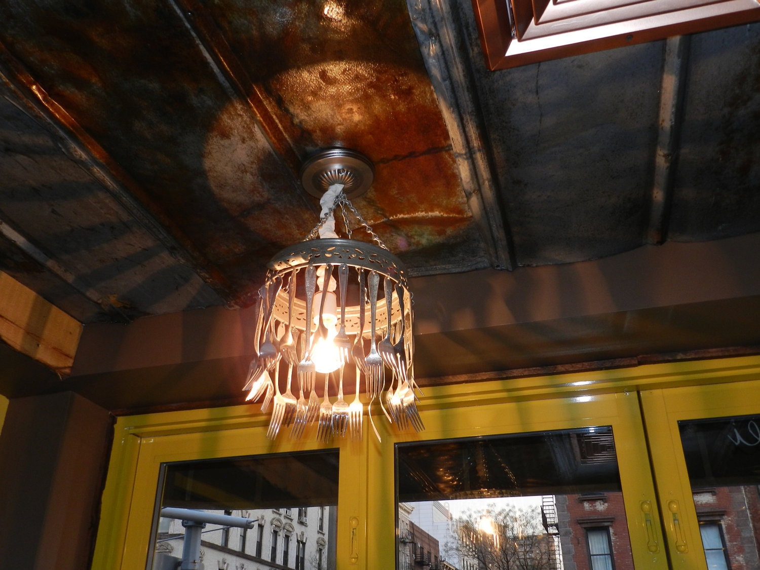 Vintage Recycled Re-Purposed Silverware Chandelier Pendant Lamp Light