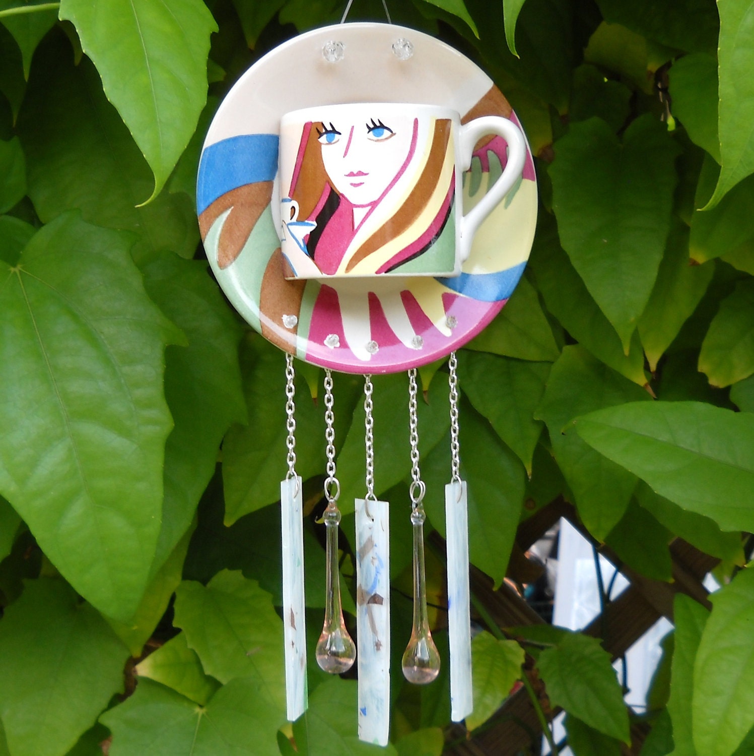 Coffee Cafe or Tea Cup and Saucer Suncatcher Windchime with Raindrops