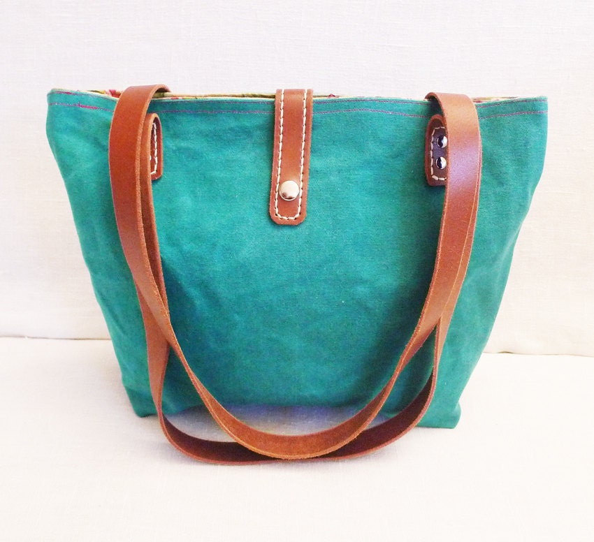 OTTOBAGS Green Waxed Canvas Tote - Leather Double Strap Shoulder bag / Tote Bag / Diaper Bag