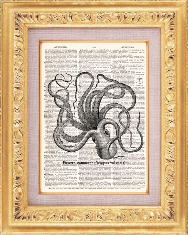 Black Sea Octopus Vintage Dictionary Print Vintage Book Print Page Art Upcycled Vintage Book Art