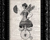 Steampunk Bike Riding Lady Vintage Dictionary Print Vintage Book Print Page Art Upcycled Vintage Book Art