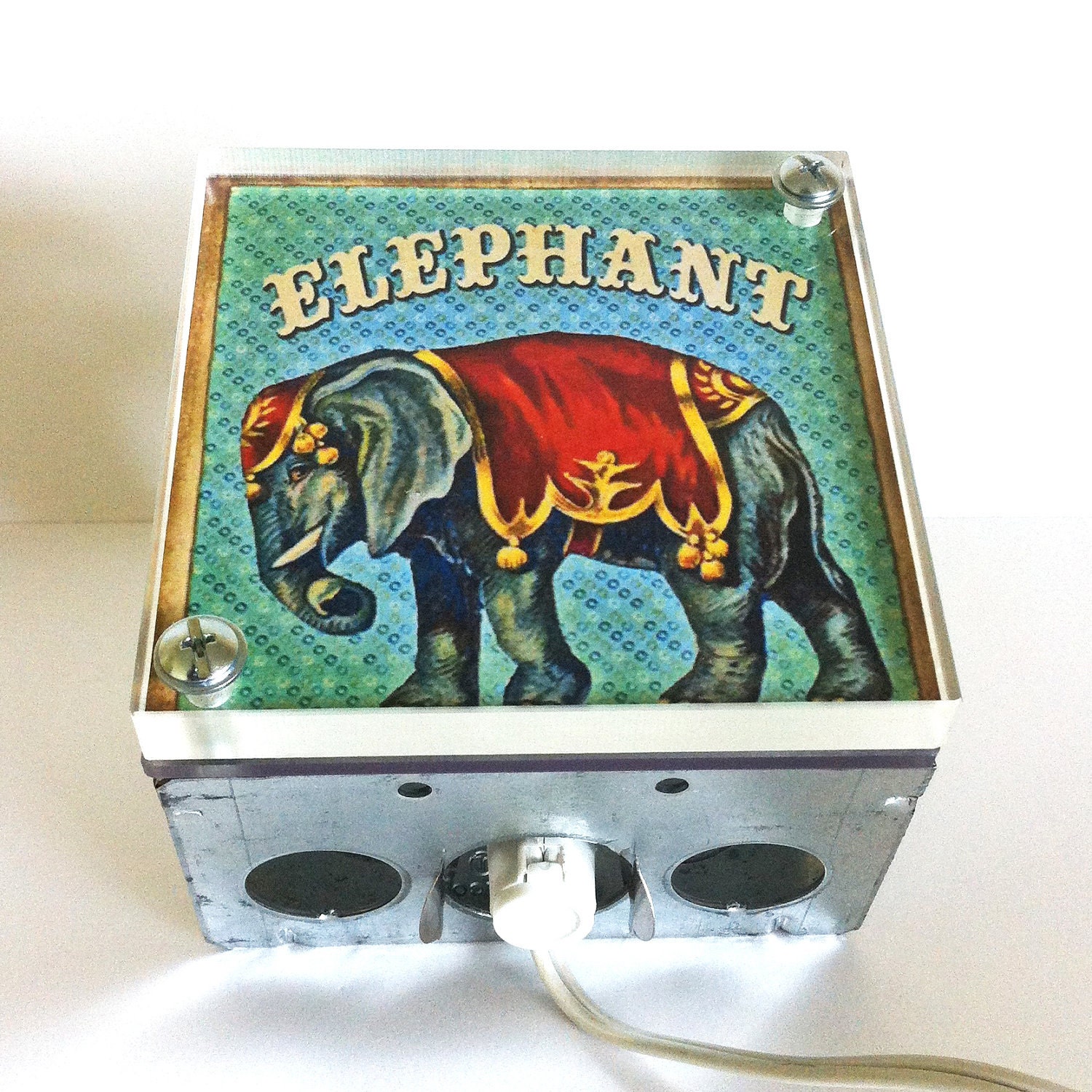 Circus Elephant - Nursery Night Light - Vintage Dictionary Print Design Repurposed Upcycled Light Box Night Lights