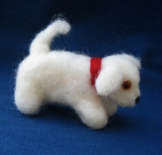 Curious Little White Puppy with jaunty ears, red collar and waggy tail. Needle-felted wool animal figure