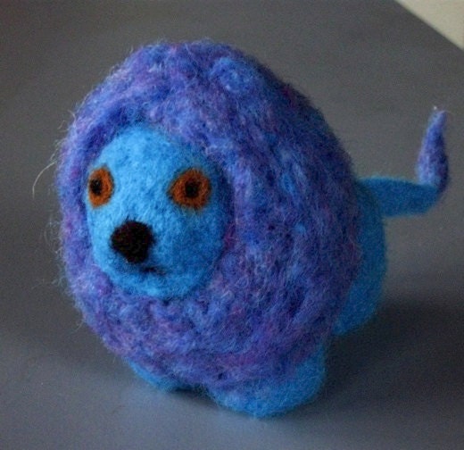 Little Blue Lion with Wishful Face. Needle felted animal soft sculpture figure