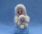 Snow Monkey Mother and Child. Needle felted wool mommy and baby animal figure: a gift for Easter, Mother's Day, or any day.