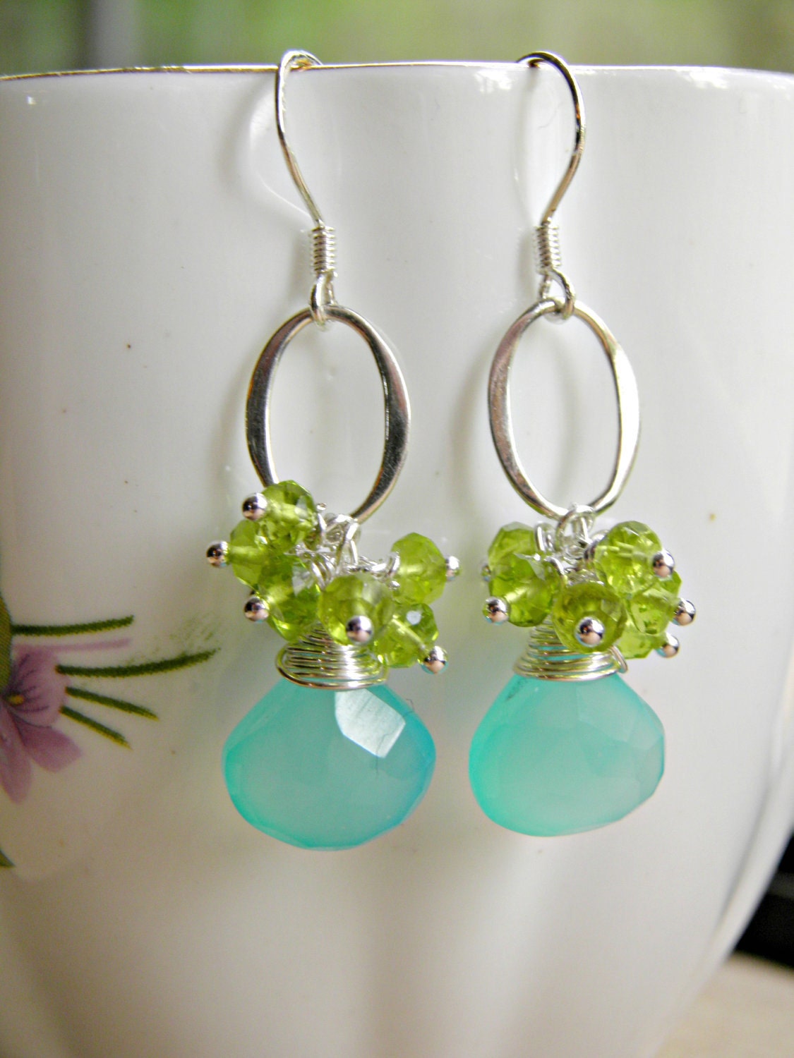 Sterling Silver Chalcedony Cluster Earrings Sterling Silver Aqua Chalcedony Earrings Aqua and Green Gemstone Jewelry Fashion Jewelry