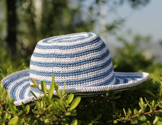 crochet hat handmade women crochet beach straw summer hat  with wide brim in blue and  white colors