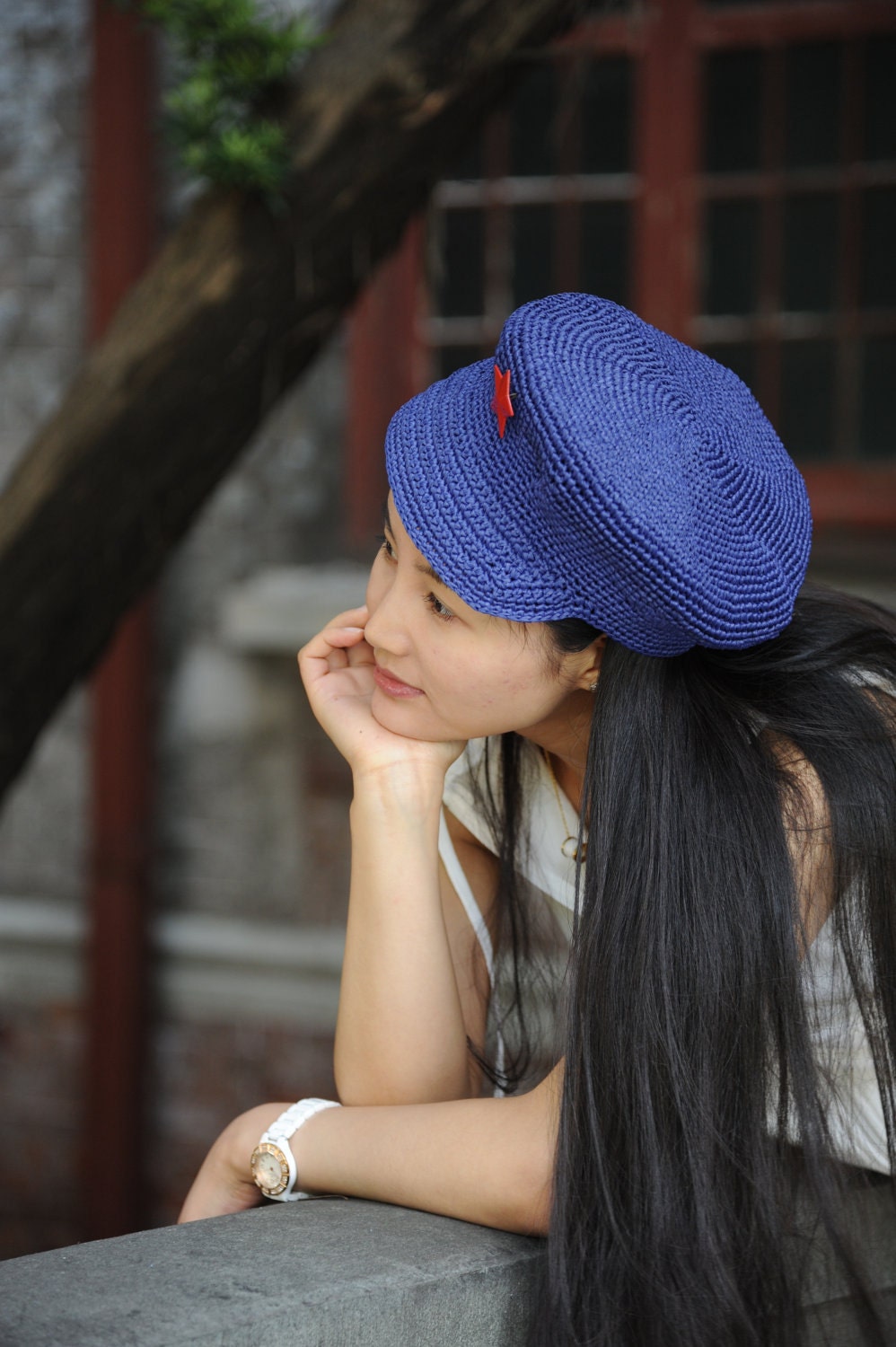 handmade crochet  women straw hat  in blue color with a red star new style-- Red Guards hats