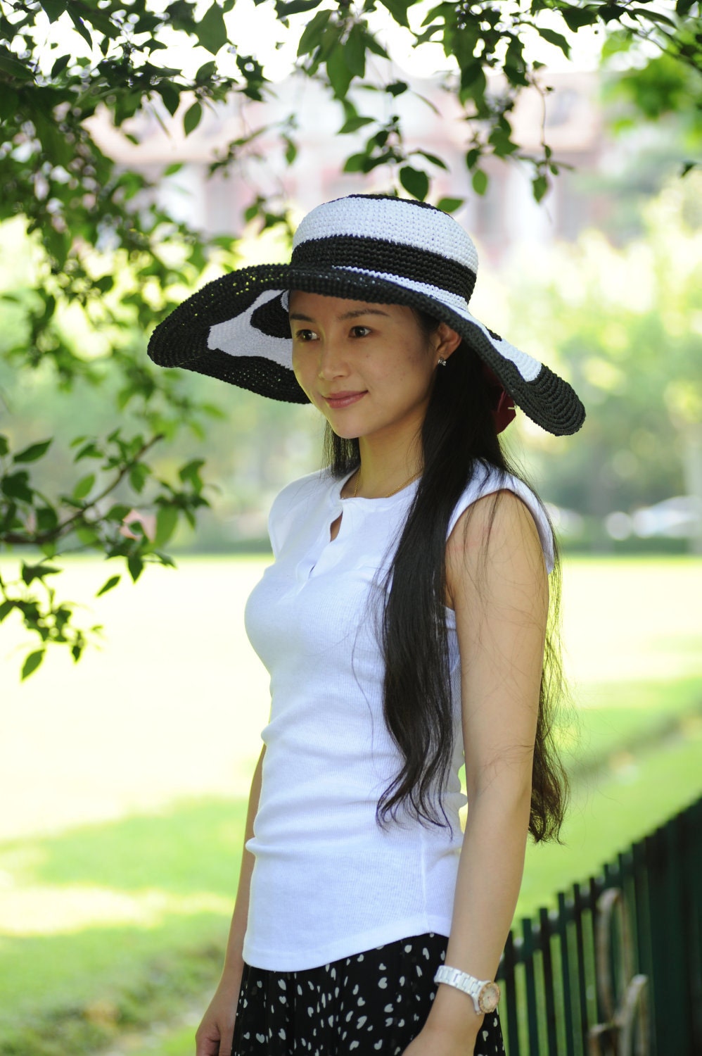 handmade crochet women sun hat with wide brim in white and black colors summer hat