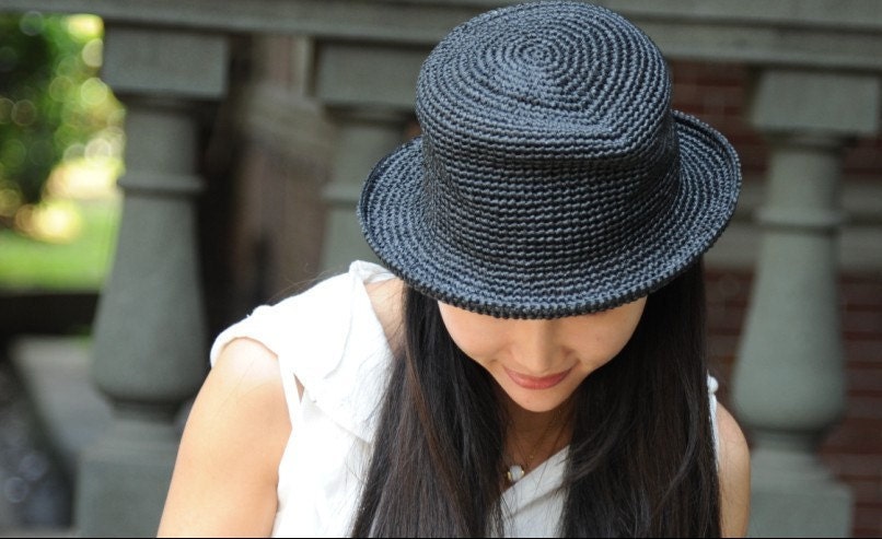 crochet hat handmade women summer straw hat with brim in black color exquisite style