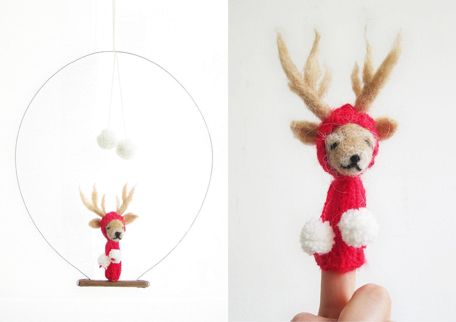 FINGER PUPPET MOBILE / Wall Hanging, Needlefelted Red Reindeer, Eco-Friendly Toy, home decor, children, baby, nursery, christmas