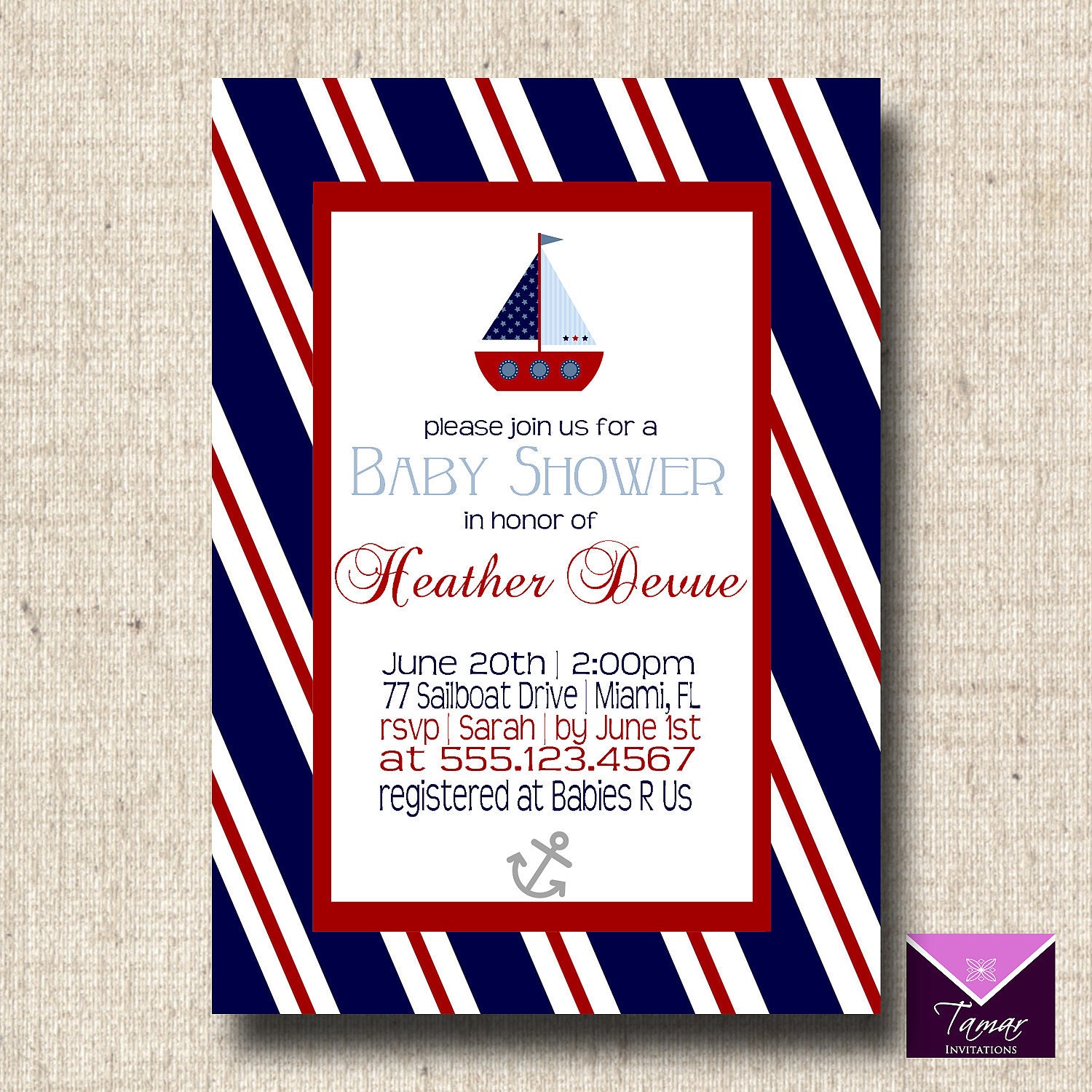 Printable Baby Shower or Birthday Invitation - Nautical Sailboats and Anchors Il_570xn