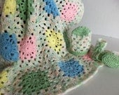 SALE -Baby/Toddler Classic Granny Square Afghan with Hat and Booties Set