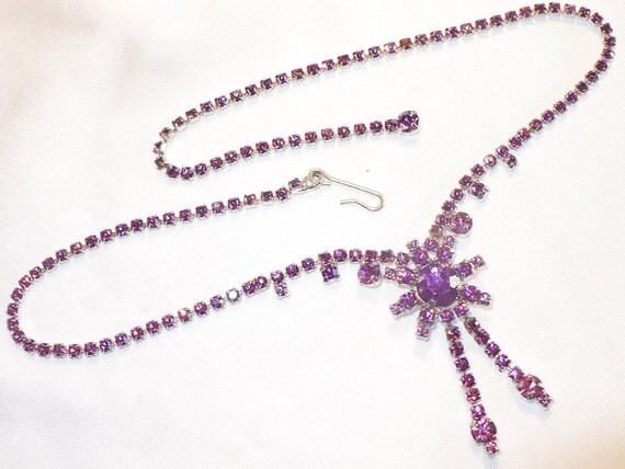 RESERVED Vintage Purple Rhinestone Necklace/Choker - Center Flower Drop