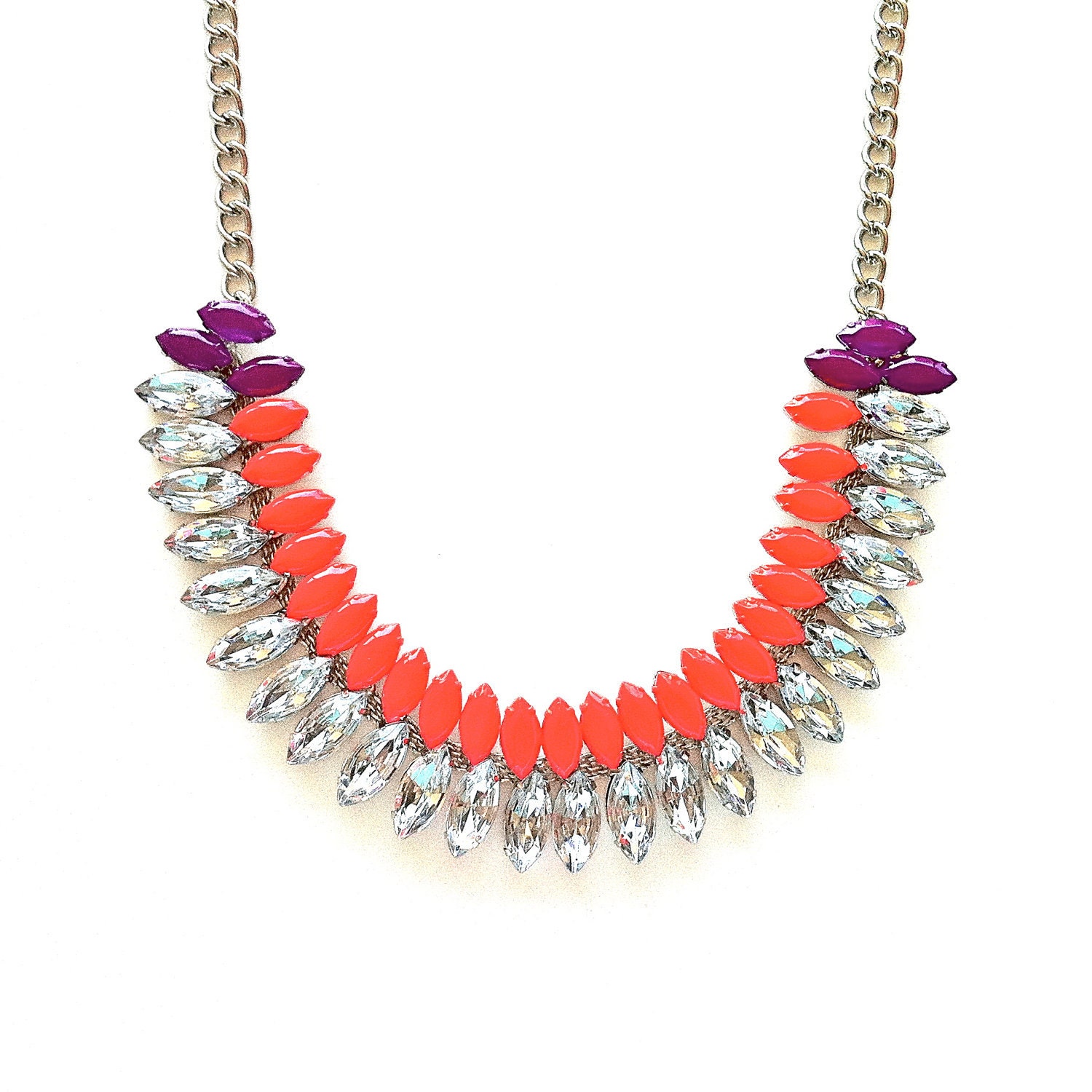 Neon Orange and Neon Purple Hand-painted Crystal Necklace