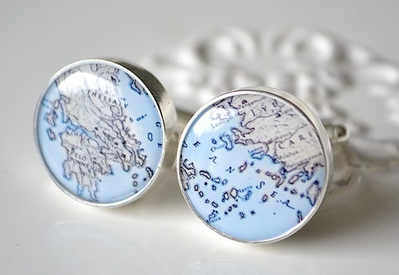 Vintage Greek Island Map Silver Cufflinks - greece - Keepsake gift for wedding day, birthday or fathers day
