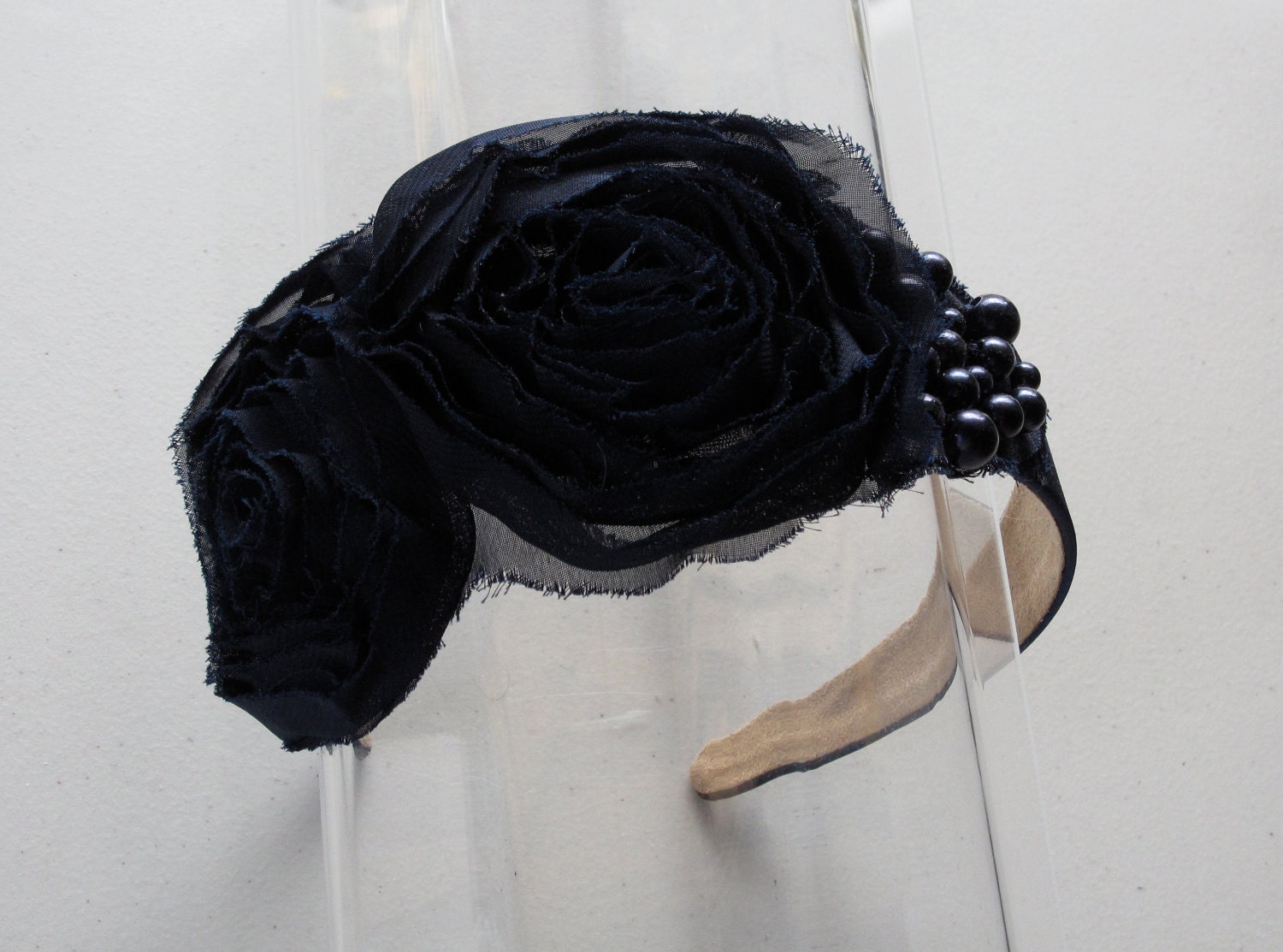 Navy Blue Beaded Chiffon Flower Satin Headband, for weddings, bridesmaid, parties, evening, special occasions