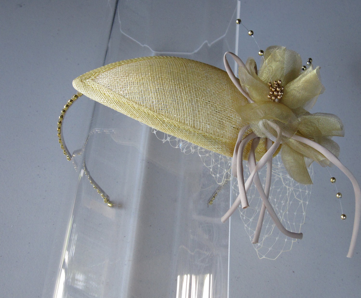Pale Yellow Flower Sinamay Teardrop Hat, with Veil and Crystal Band, for weddings, bridesmaid, cocktail parties, special occasions