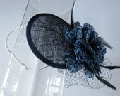 Navy Leopard Flower Feather Sinamay Fascinator Hat, with Veil and Crystal Band, for weddings, cocktail parties, evening, special occasions