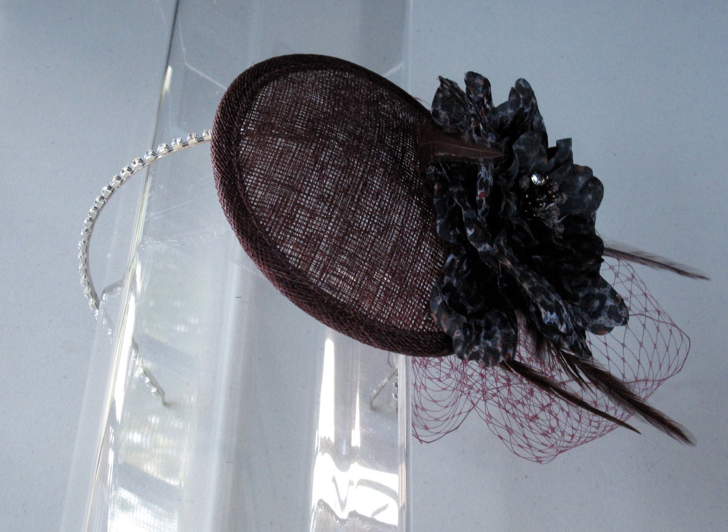 Mauve Plum Leopard Flower Feather Sinamay Fascinator Hat, with Veil and Crystal Band, for weddings, cocktail parties, evening