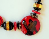 African Kazuri Beaded Necklace, Fair Trade, Red, Black w 14K Gold, Quality, One-Of-A-Kind