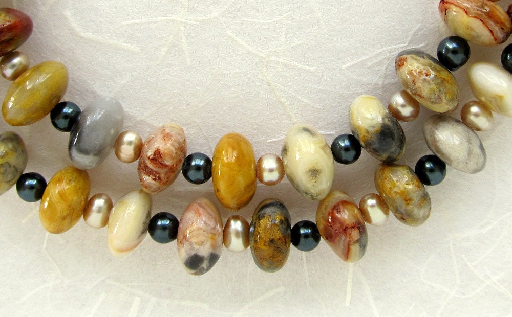 Picture Jasper Beaded Necklace, Freshwater Pearls, Semi Precious Gemstones, Sterling Silver, Unique