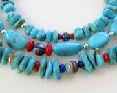Southwestern Multi Strand Turquoise Beaded Necklace, Sterling Silver, Inlaid Beads, Coral, Lapis Lazuli