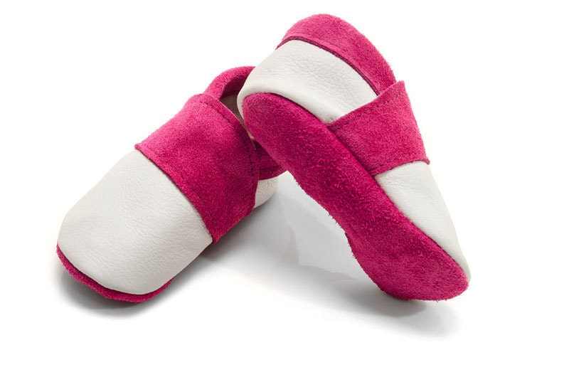 Pink and white handmade soft soled leather baby shoes, crib shoes, toddler shoes