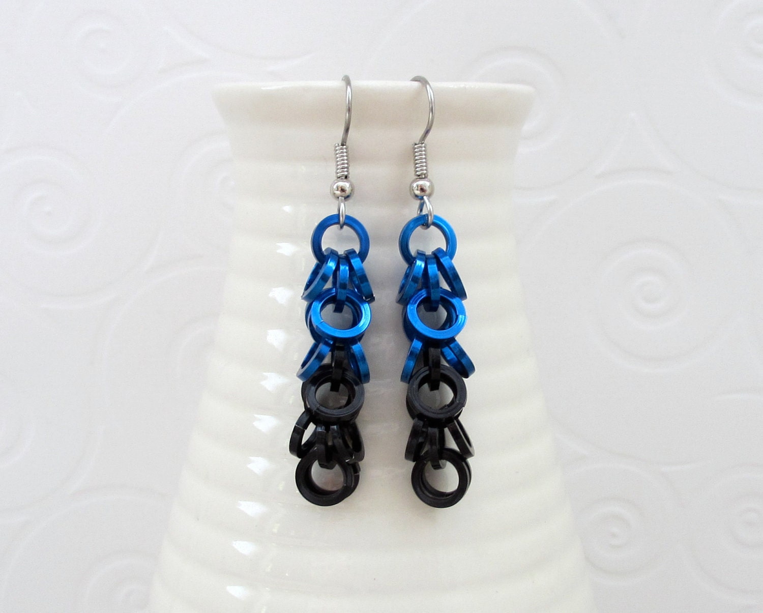 Chainmail earrings blue and black, shaggy loops weave
