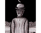 El maestro de escuela. Original ACEO, Magritte reproduction. Ink drawing on high quality card paper