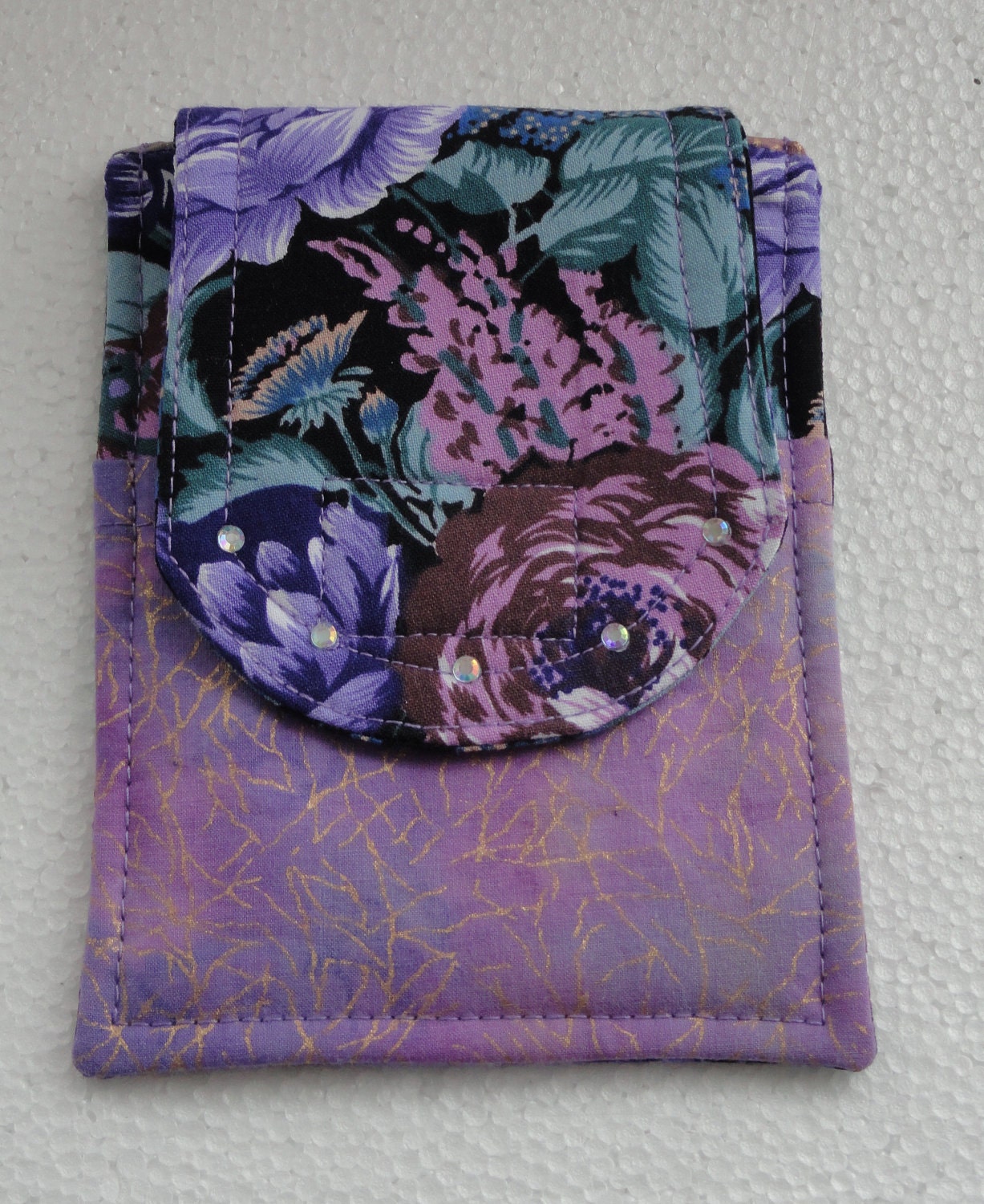 Cell Phone Camera  Case Purple Floral Print with Pocket Embellished with Rhinestones