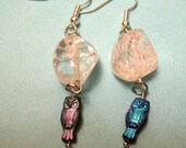 Iridescent owl earrings with ice flake quartz beads