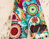DSLR Camera Strap Cover- lens cap pocket and padding included- Turquoise/ Blue Bright Pattern