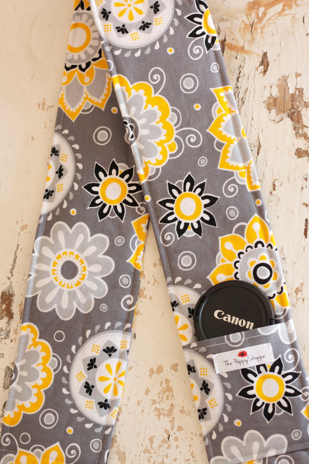 DSLR Camera Strap Cover- lens cap pocket and padding included- Yellow and Gray Flowers