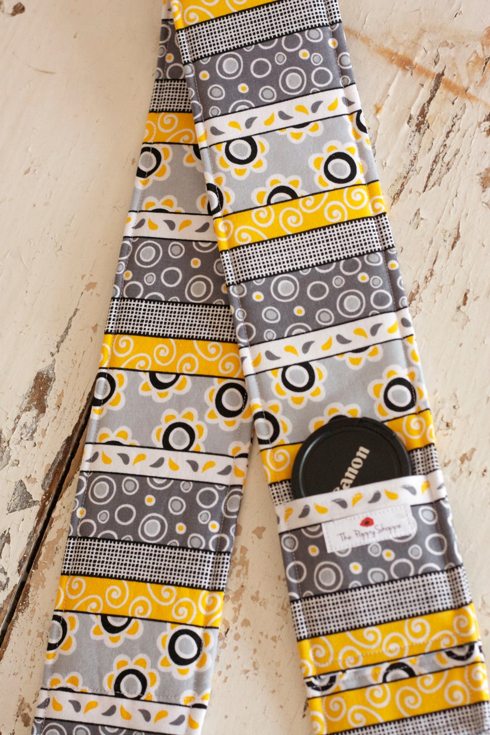 DSLR Camera Strap Cover- lens cap pocket and padding included- Modern Gray & Yellow Striped